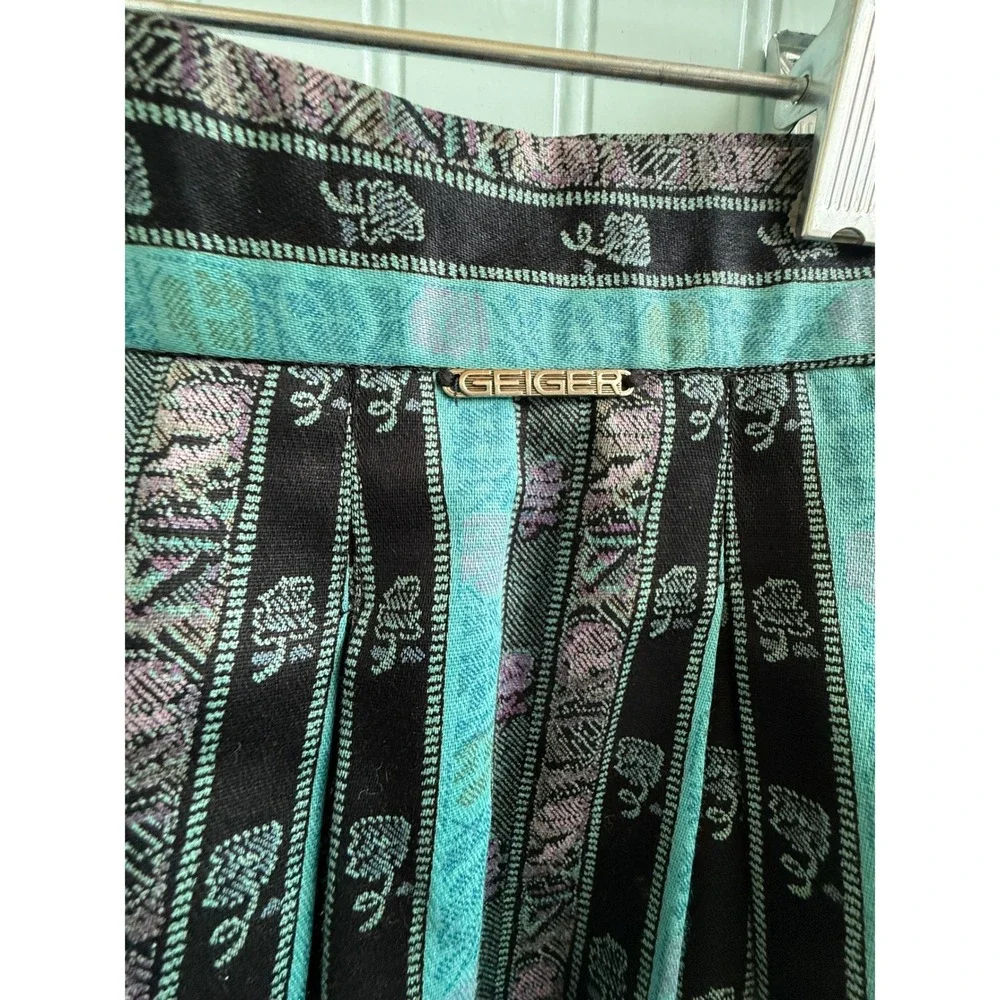 VTG Geiger Teal Black Floral Striped Pleated‎ Cotton Dirndl Skirt Size 40